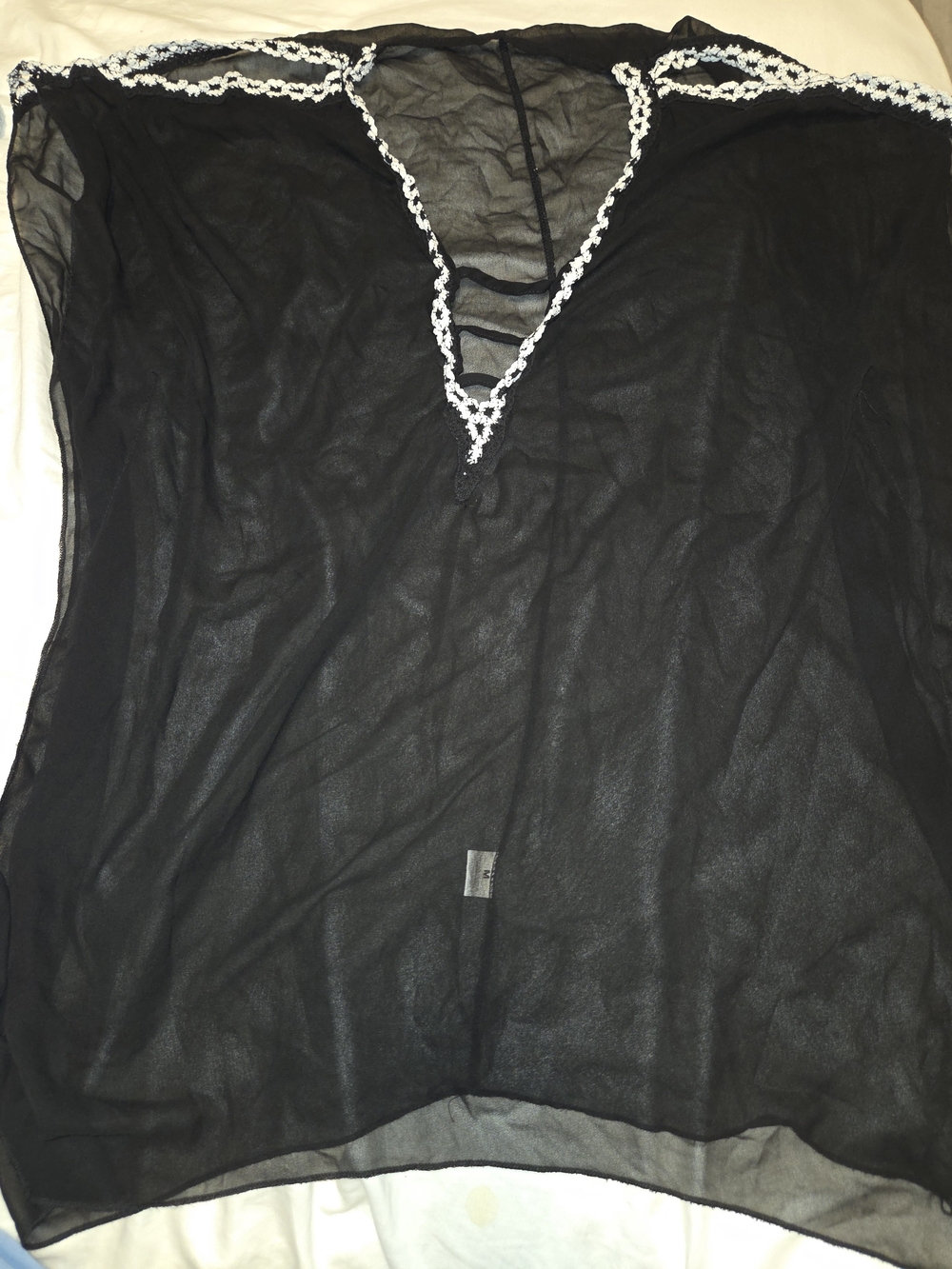 Sheer Black Women's V-Neck Top with White Trim